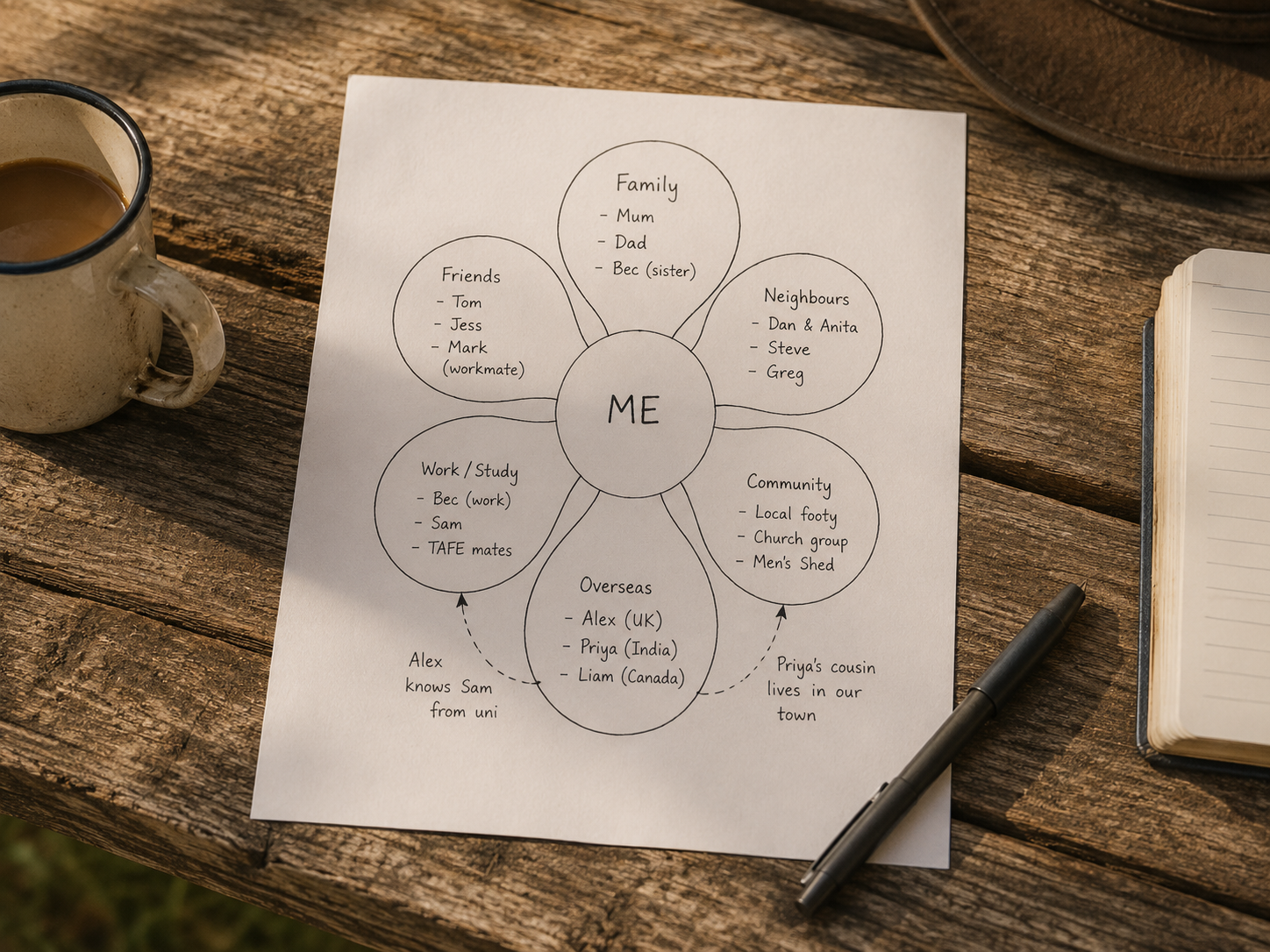 A Mission Map showing connections with friends, families and communities